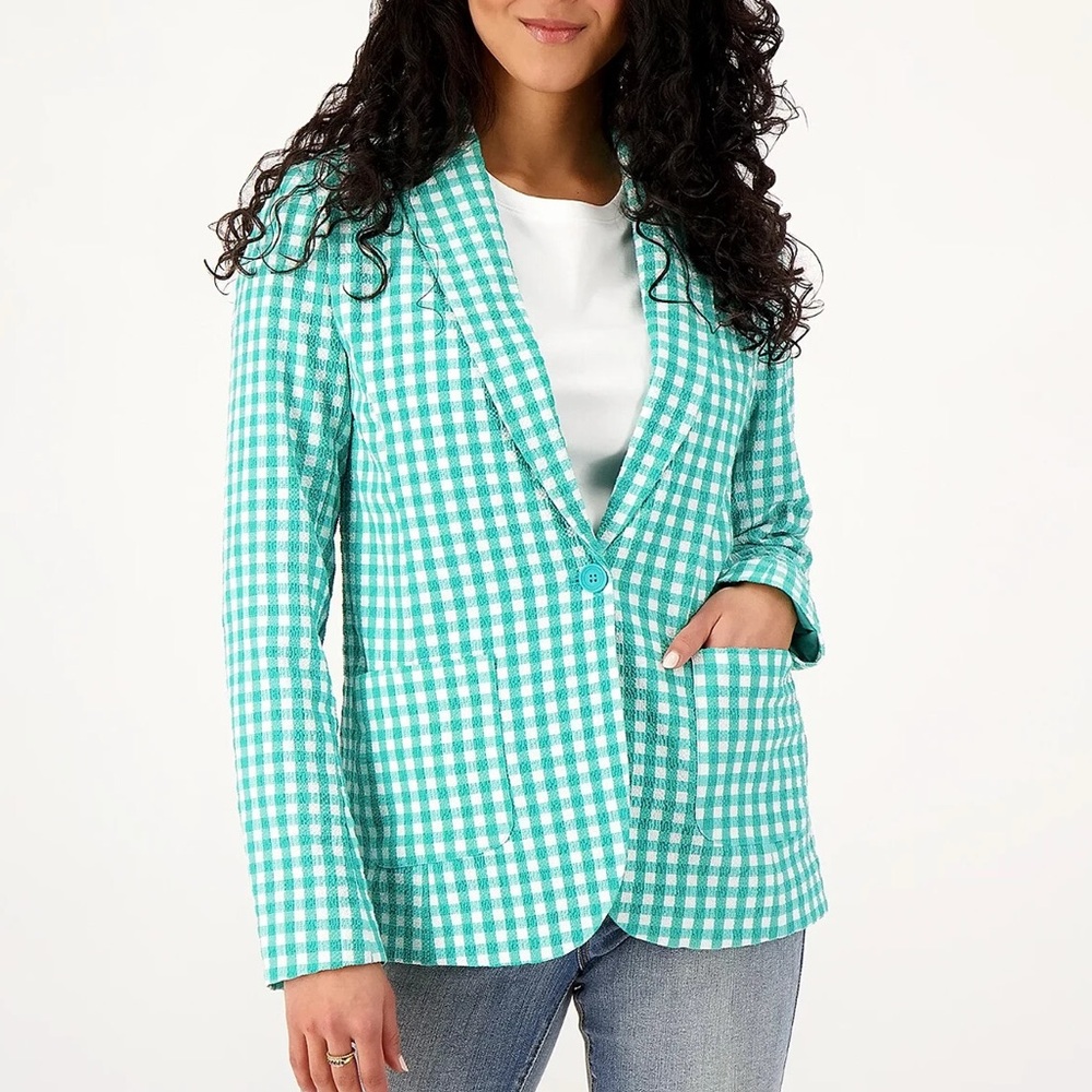 SUSAN GRAVER Yarn Dyed Woven Gingham Boyfriend Blazer Green White Preppy Summer